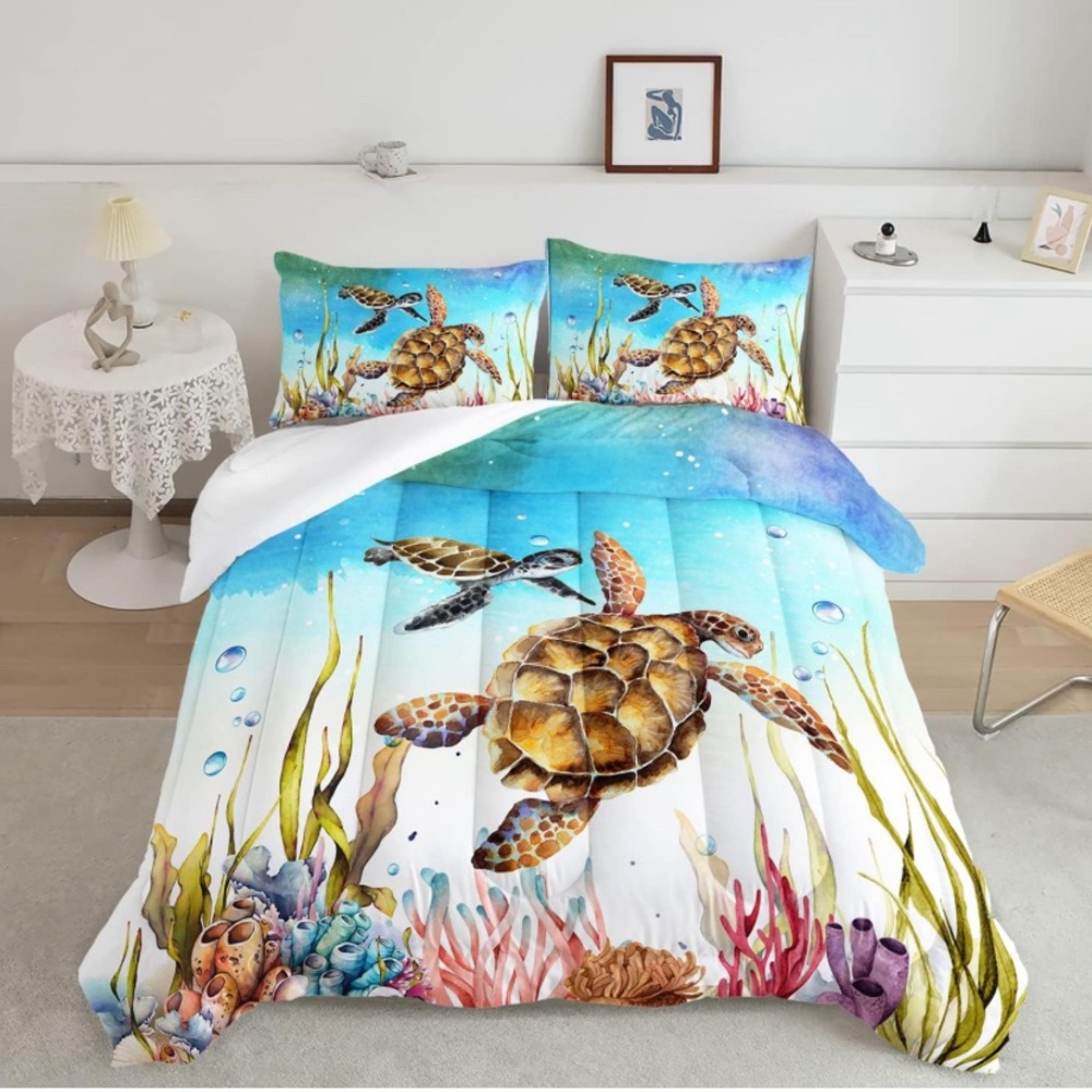 Sea Turtle Duvet Set Turtle Quilt Set Ocean Decor 3 Pieces